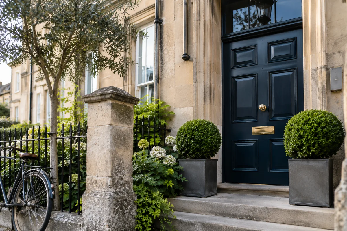 An stone townhouse front door and tidy threshold
