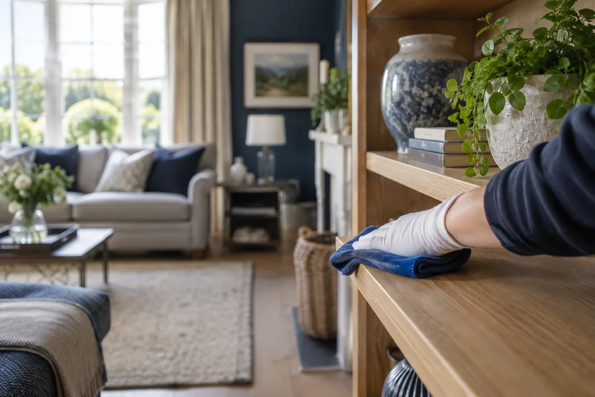 A gloved hand dusting an oak shelf in a residential lounge