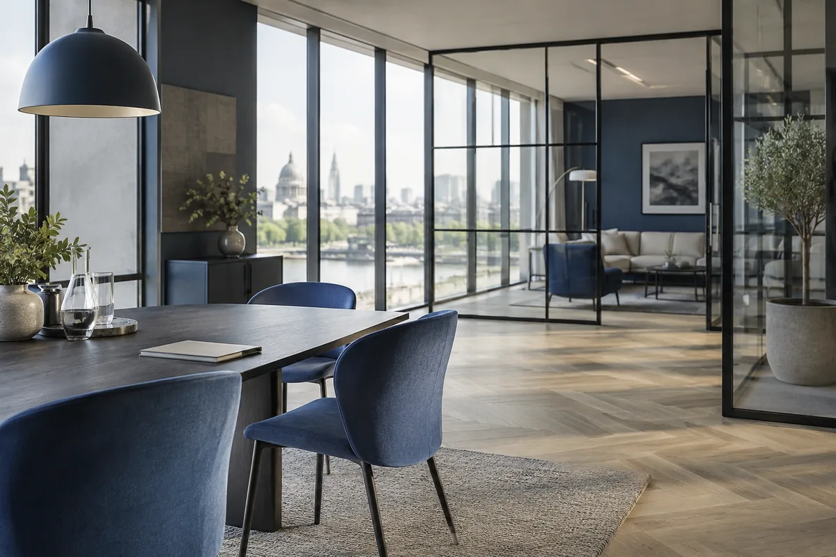 An airy unoccupied modern workplace with blue chairs