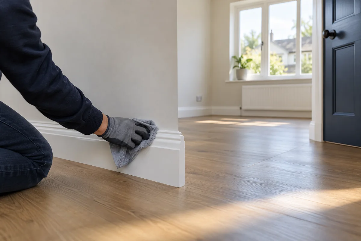 Gloved hand removing dust from new white skirting in a completed empty renovation