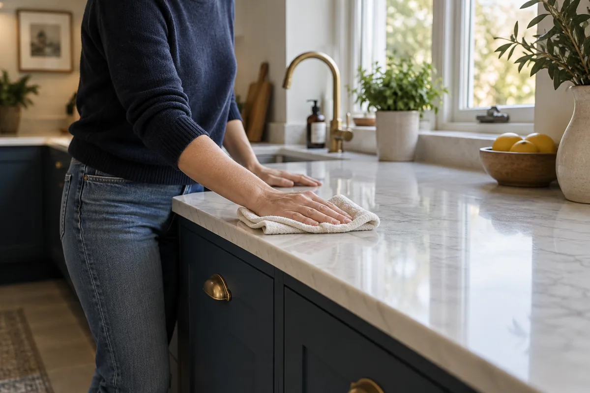 Soft cloth cleaning a newly installed kitchen worktop with no tools present