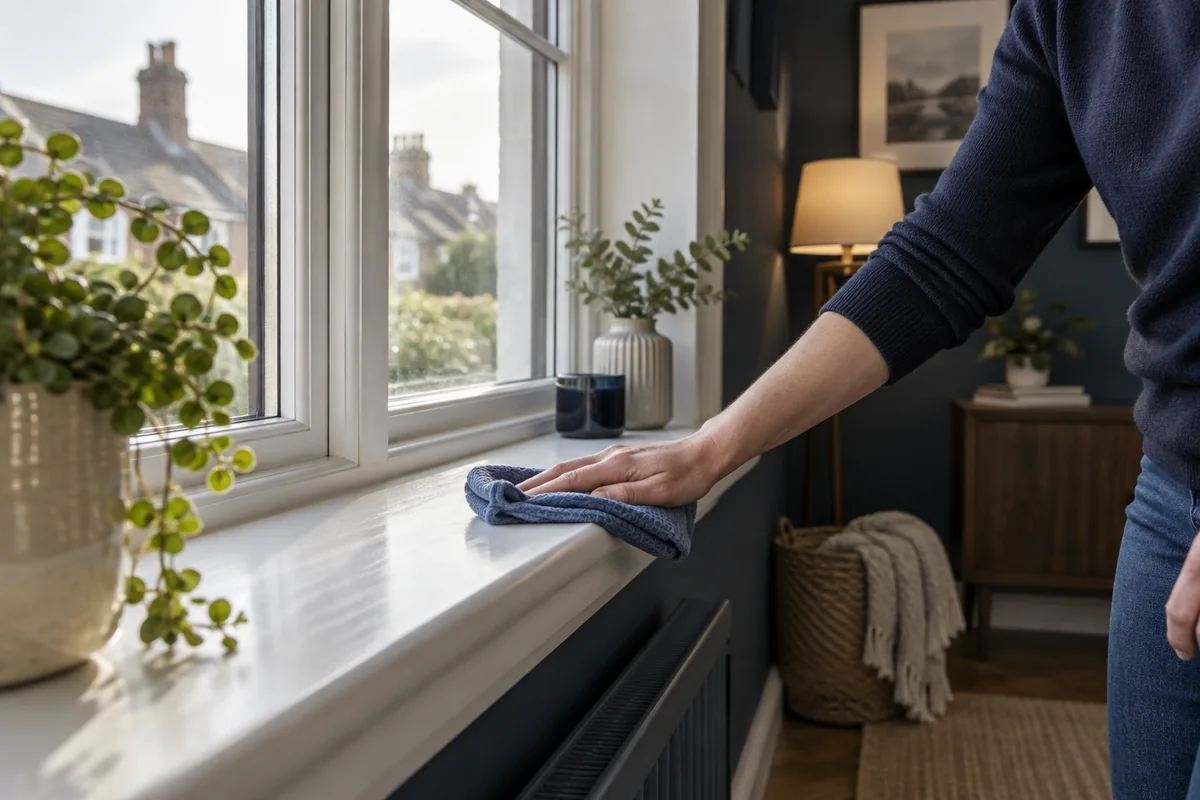 Dusty interior window sill being wiped in a finished renovated room