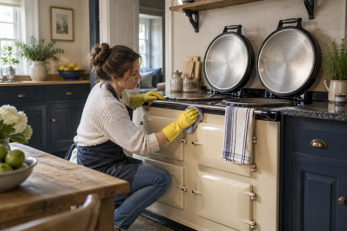 Cream AGA cooker cold with raised lids in a character kitchen