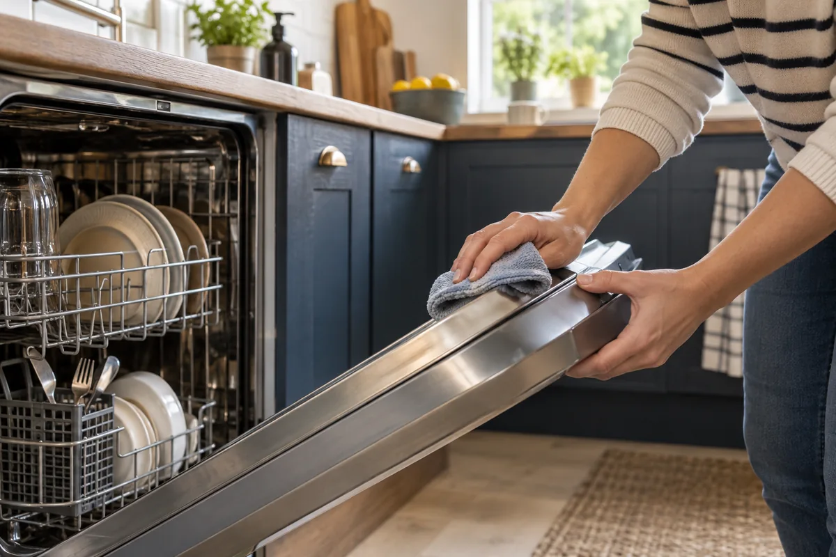 Hands wiping an accessible dishwasher door edge
