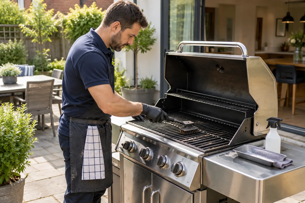 Stainless gas barbecue with open lid on a tidy paved patio