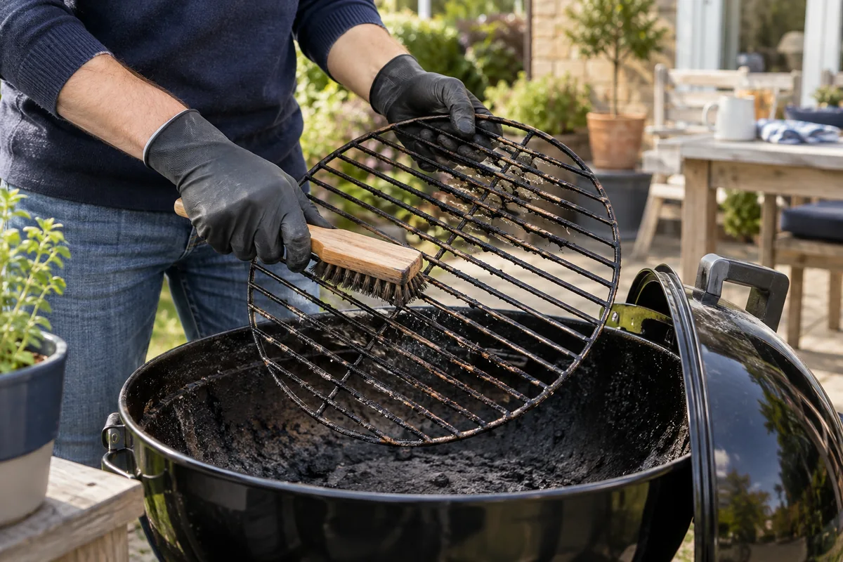 Gloved hands cleaning a removable barbecue cooking grate