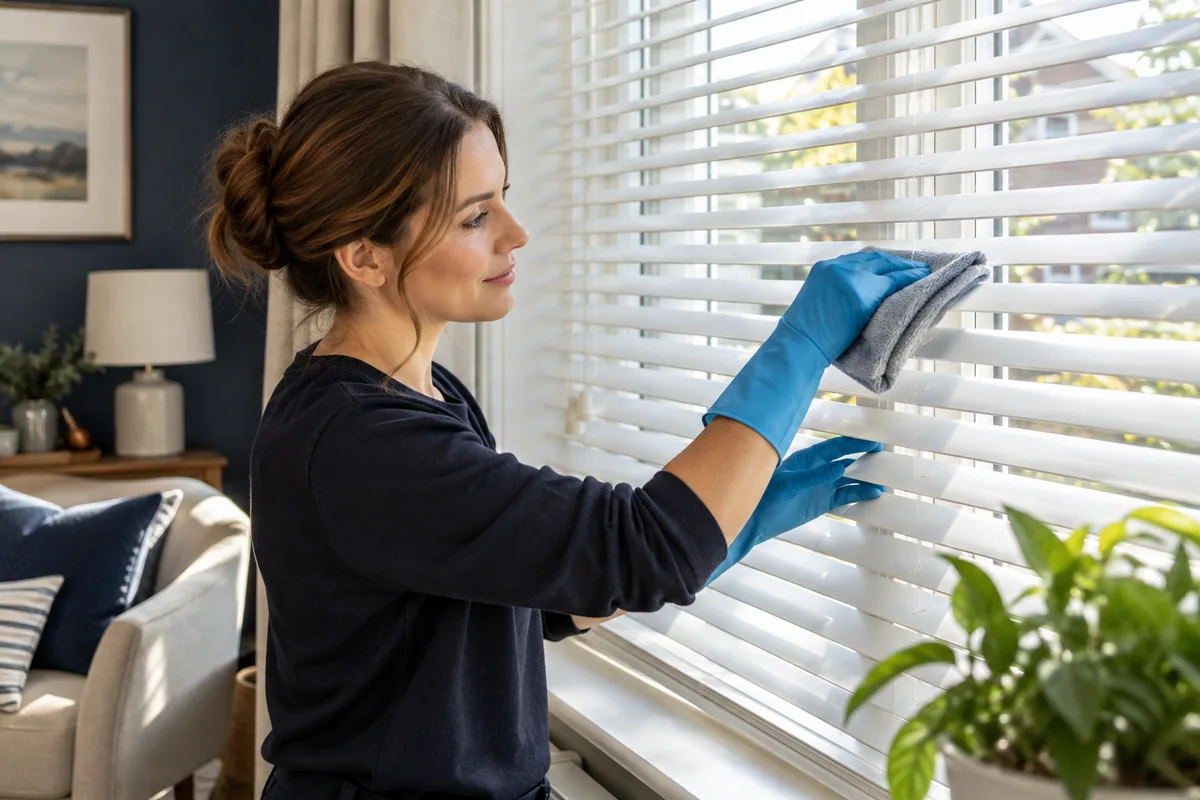 White aluminium Venetian blind at a bright sash window