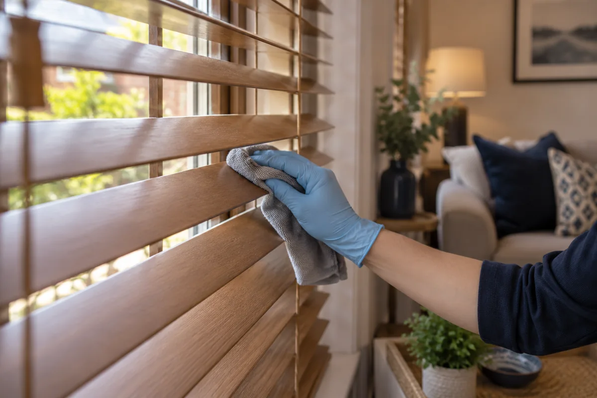 Gloved hand wiping one timber blind slat with a soft cloth