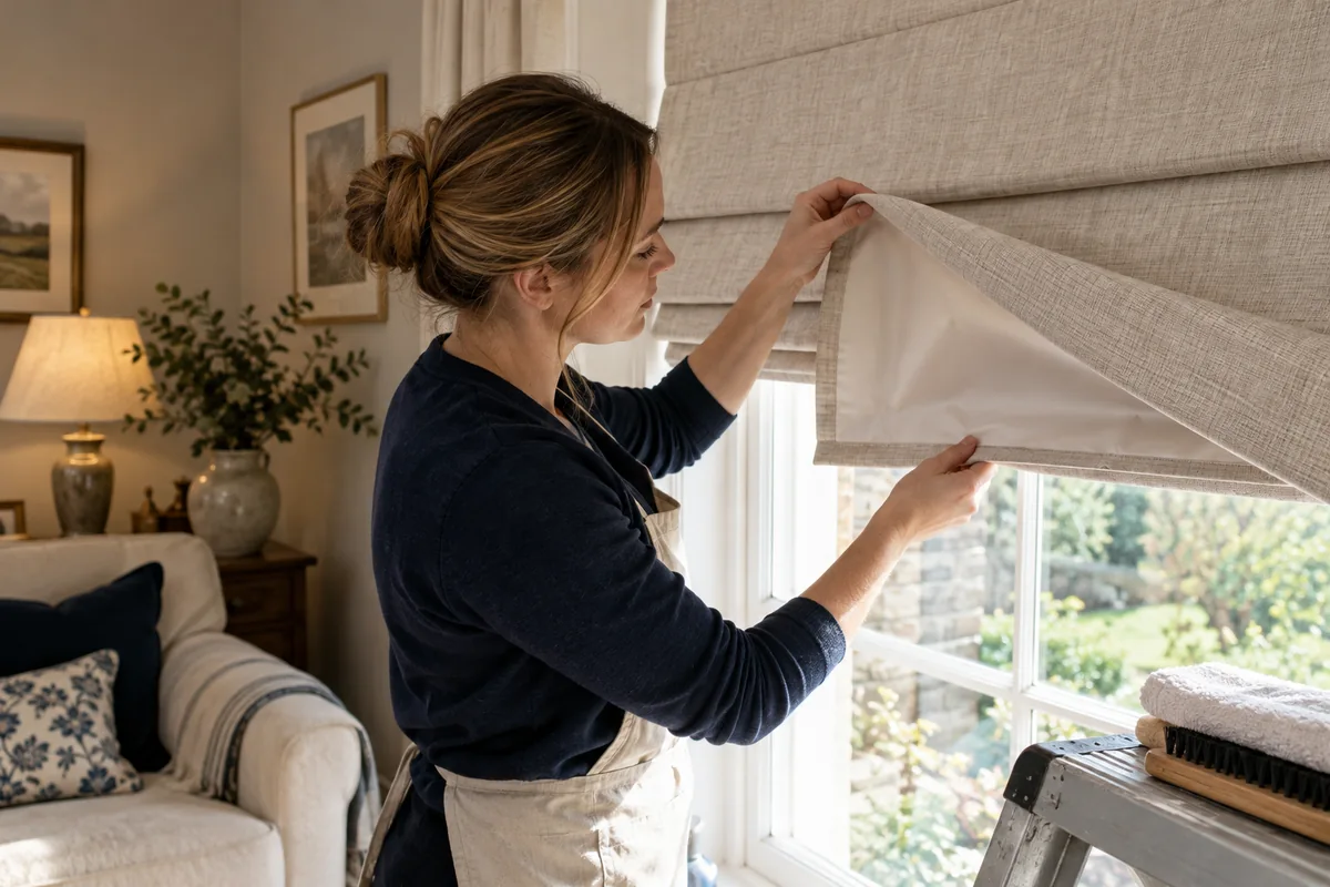 Neutral Roman blind showing fabric and lining detail