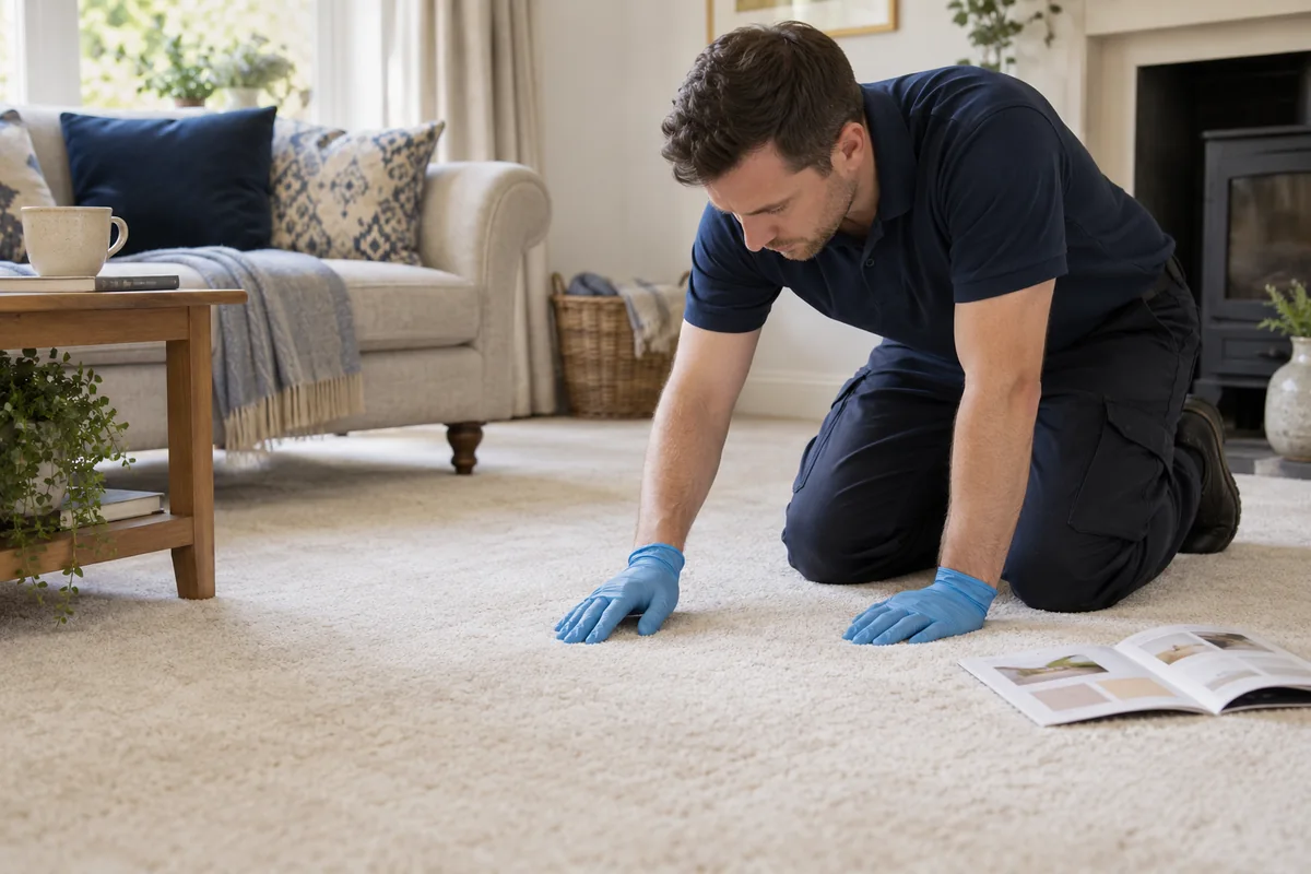 Gloved technician inspecting pale wool carpet beside a care leaflet