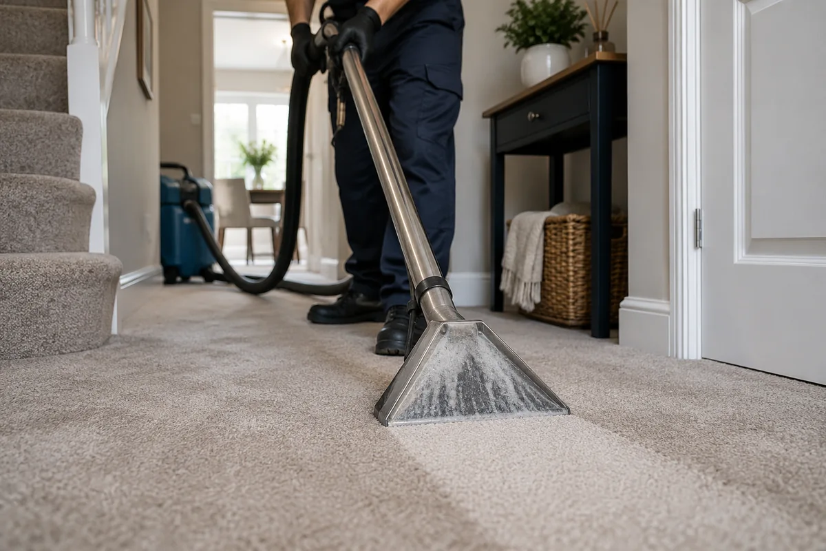 Carpet extraction tool along a neutral hallway with realistic pile
