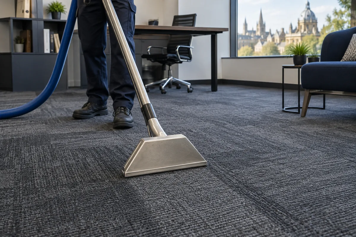 A carpet wand on charcoal office carpet tiles
