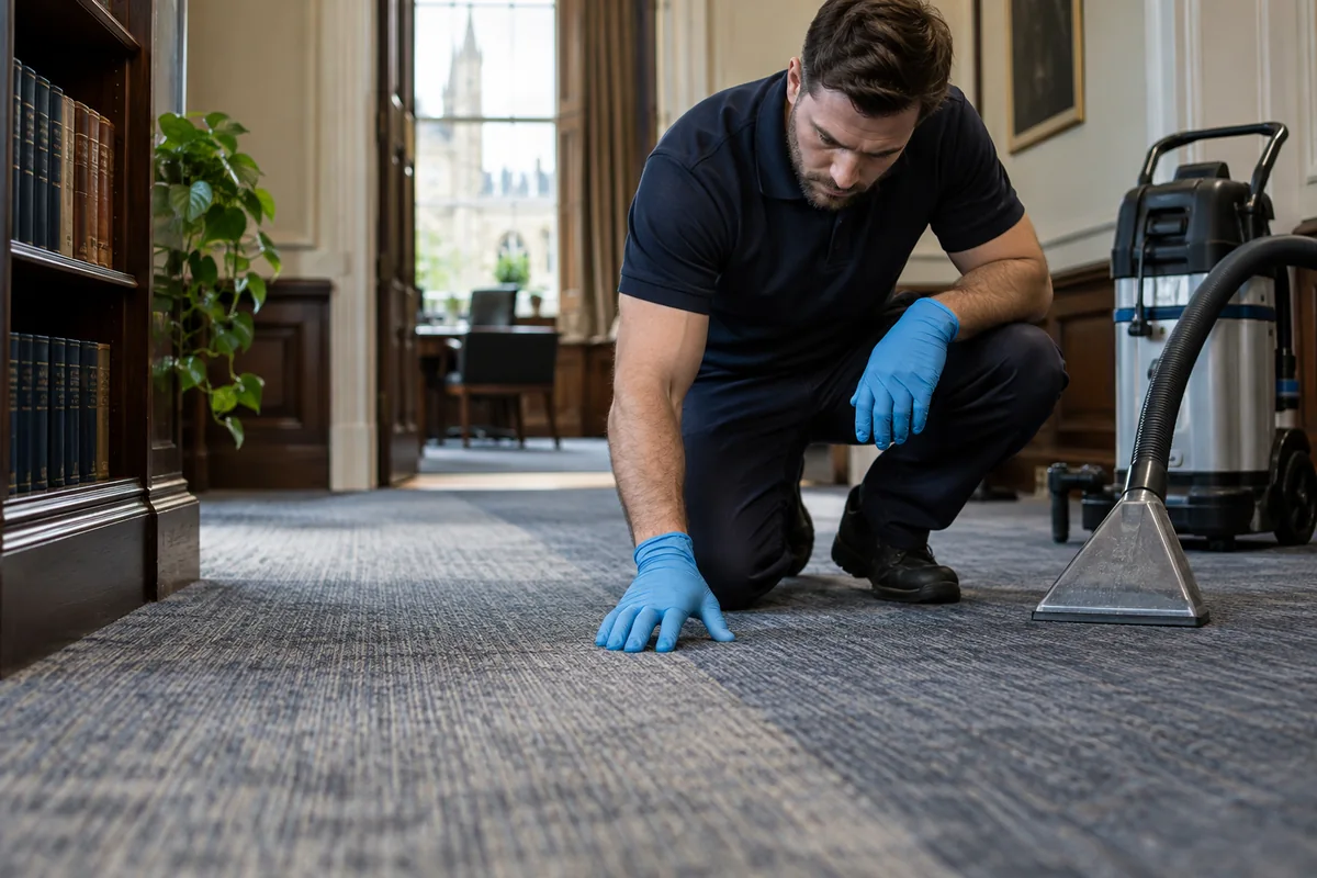 A gloved hand examining a carpet traffic lane