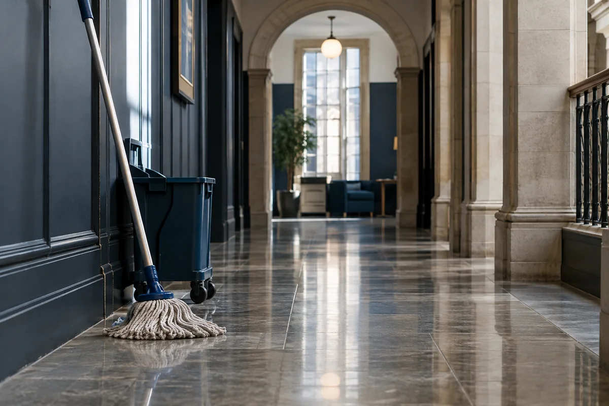 A mop in an empty commercial corridor