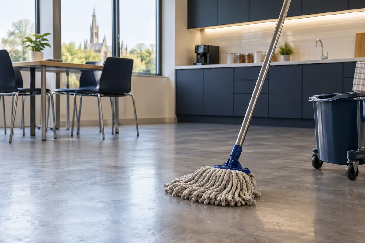 A mop on a vacant staff kitchen floor