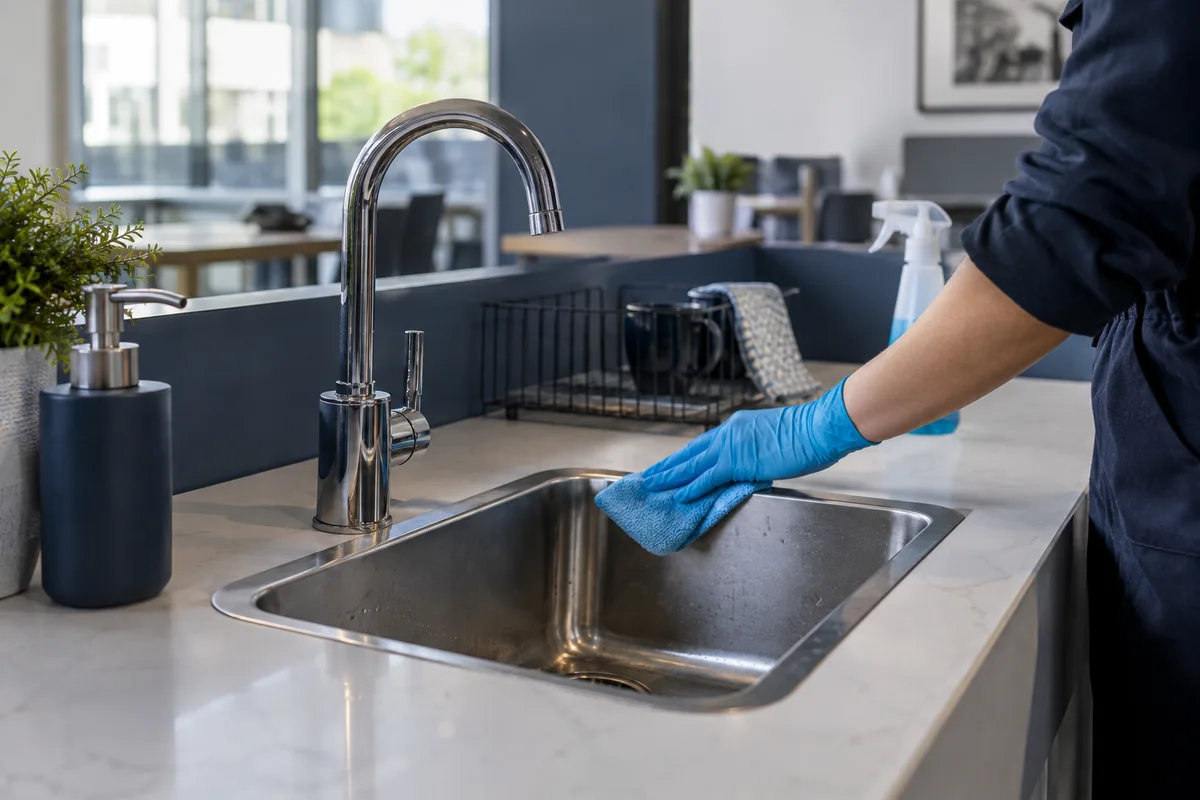 A hand cleaning an empty staff kitchen sink