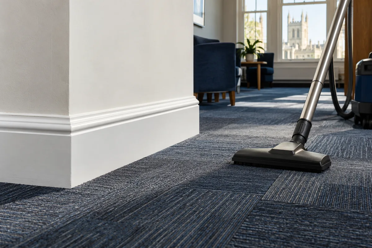 Clean skirting beside commercial carpet tiles