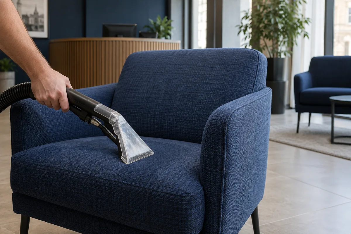 A fabric cleaning tool on a blue reception chair