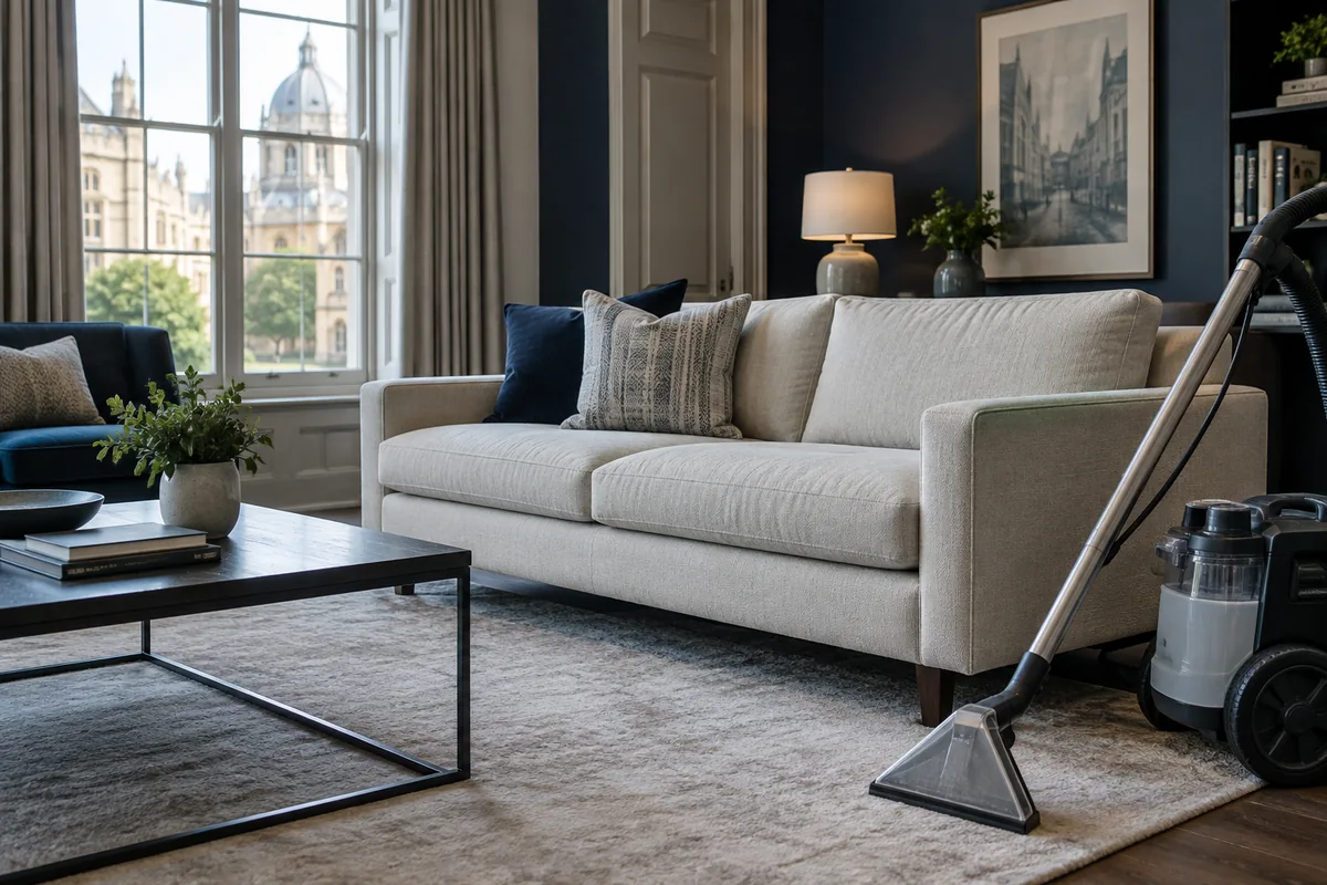 A pale woven sofa in an empty lounge