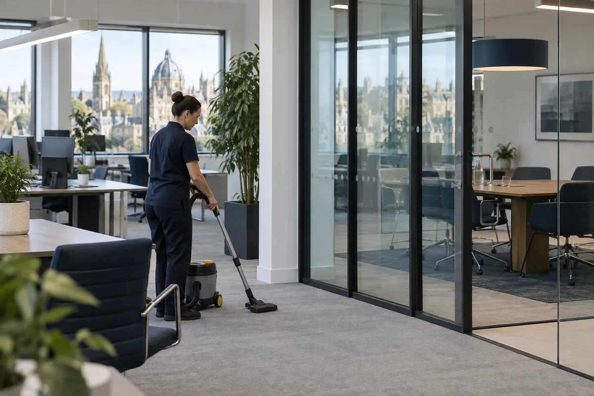 An office with clear internal glass partitions