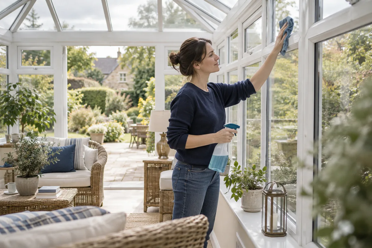 Bright British conservatory with simple cane seating and internal glass, garden beyond