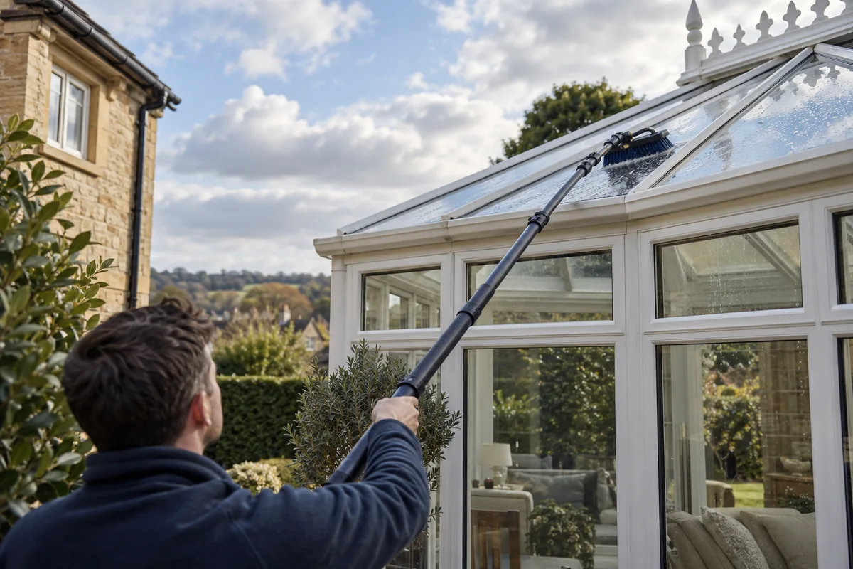 Conservatory roof from ground level with telescopic brush reaching a panel safely