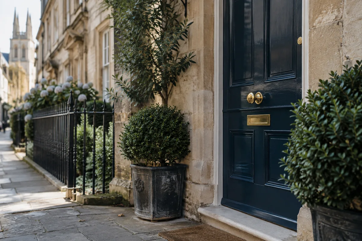 A tidy residential entrance with brass door handle