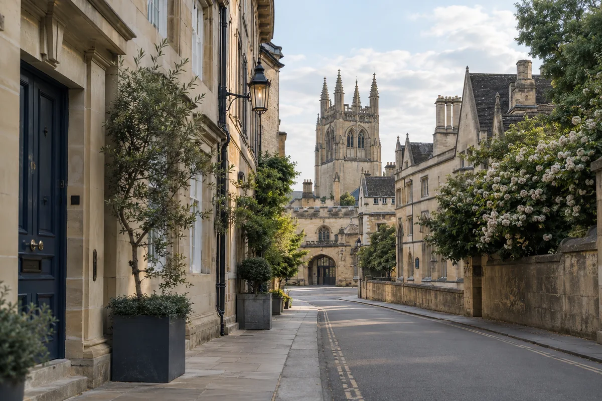 A low-rise streetscape with understated stone facades
