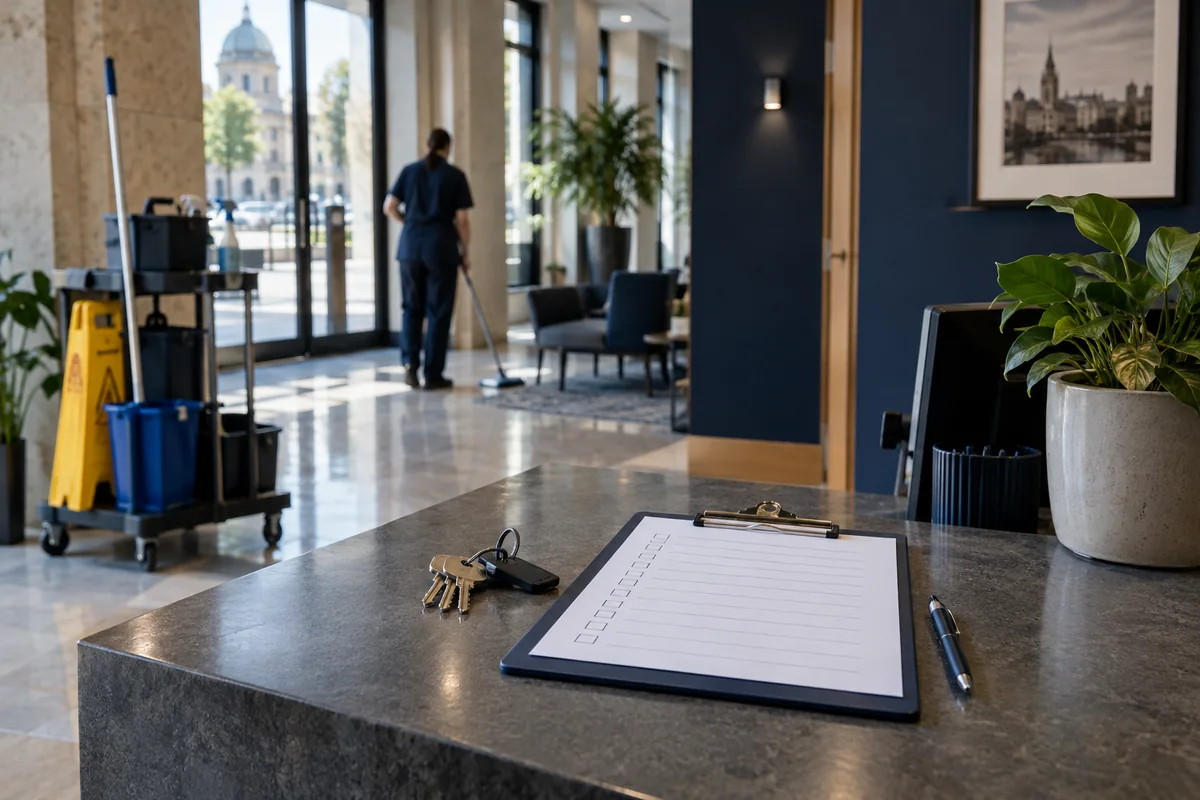 A facilities desk with a blank checklist and keys