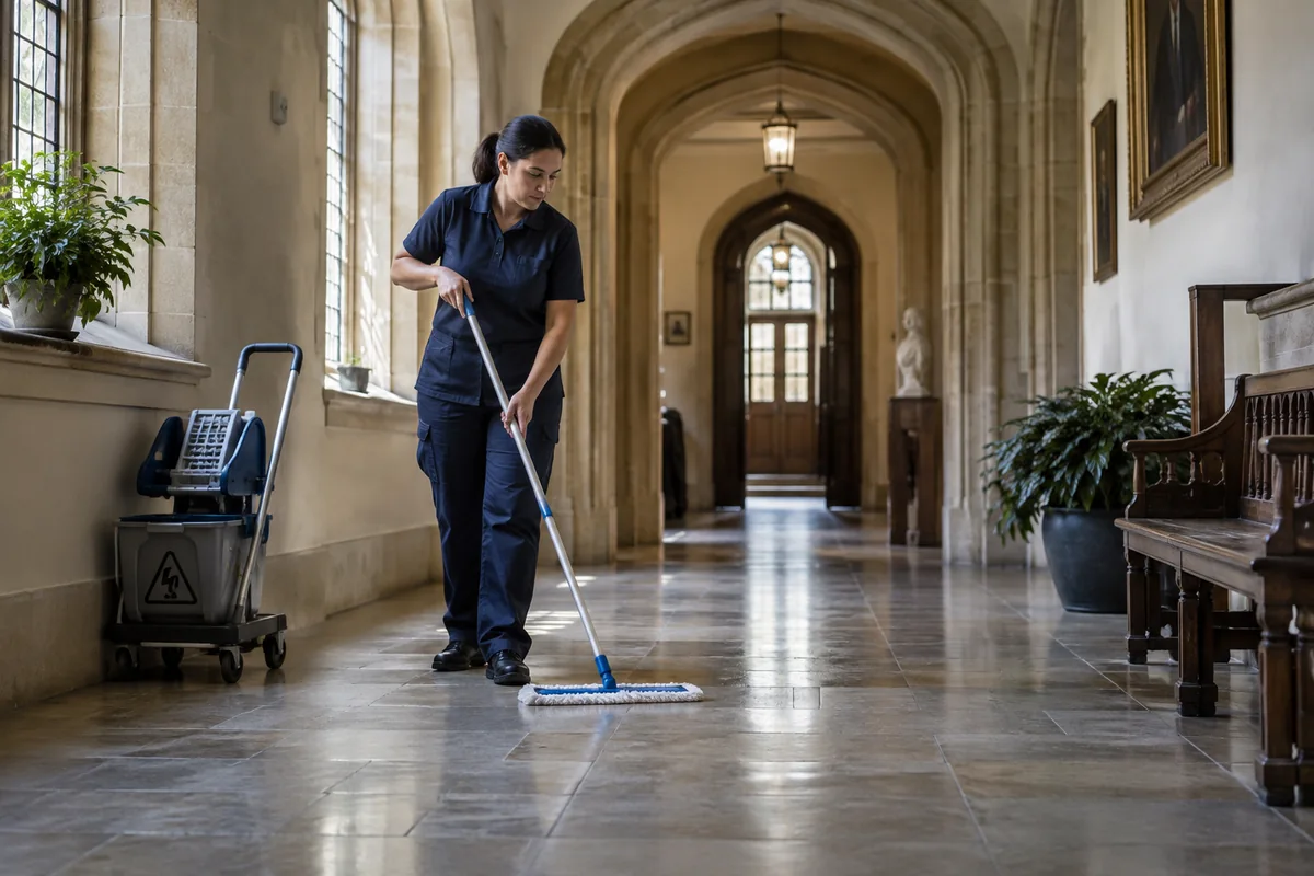 A cleaner mopping an empty shared corridor