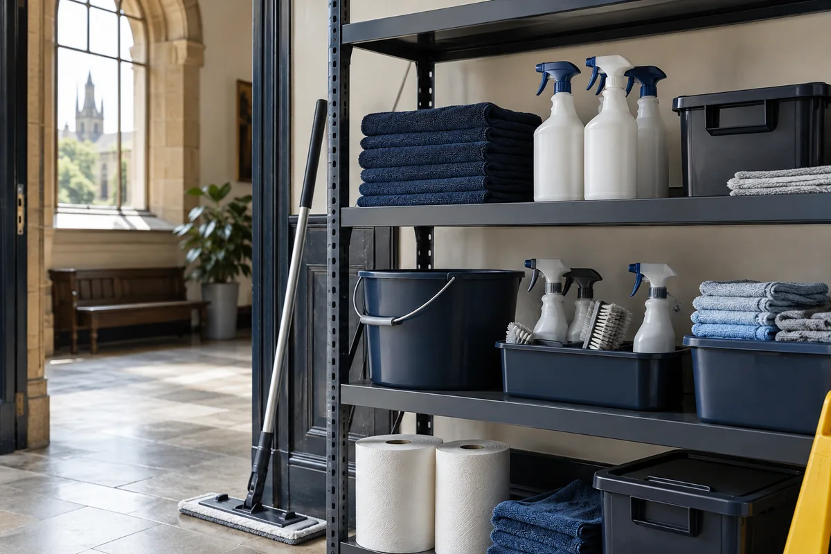 Tidy unbranded cleaning equipment on shelving