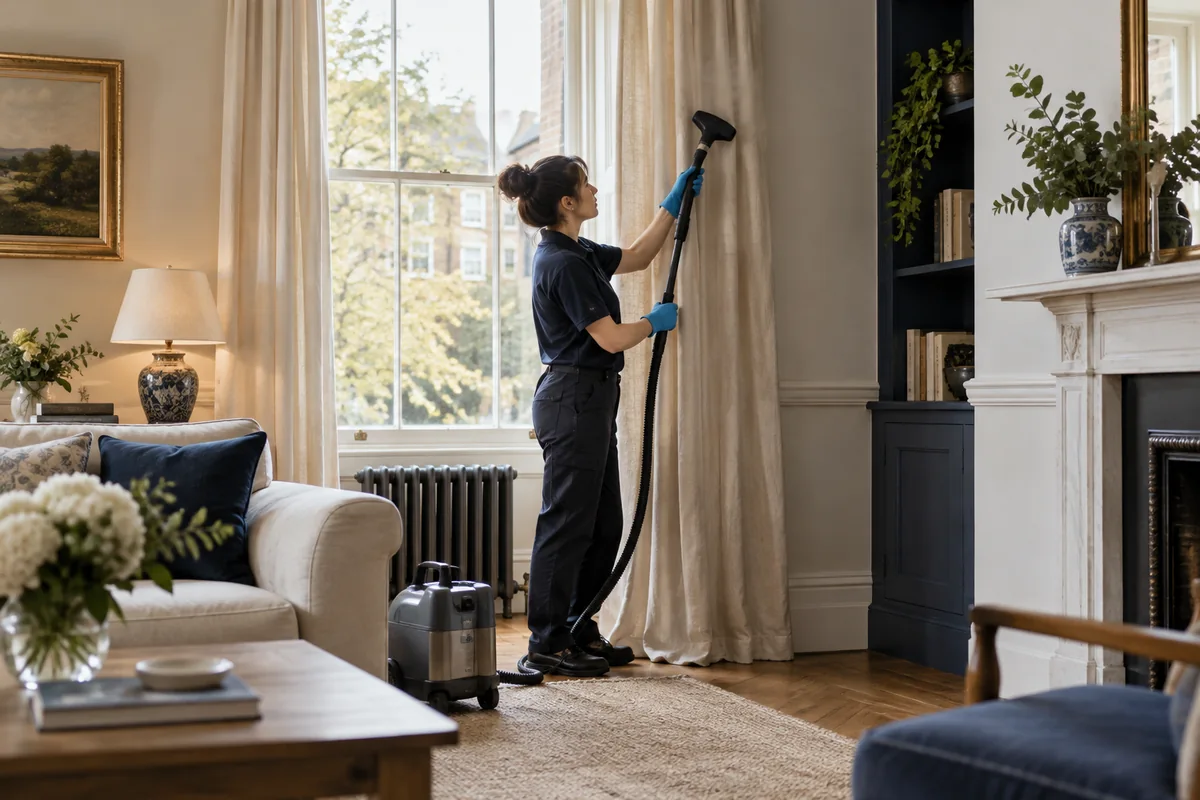 Full-length linen curtains beside a tall sash window