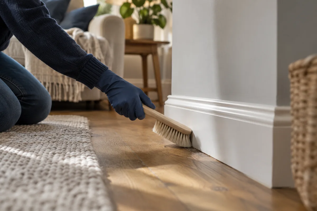 Gloved hand brushing dust from a white skirting board in a residential room