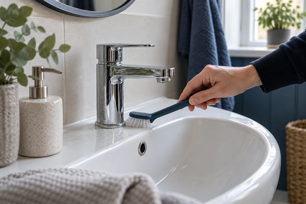 Soft brush cleaning a bathroom tap base on a ceramic basin