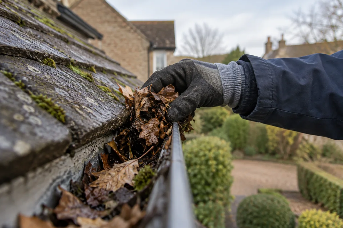 Ground-level view of leaves at the edge of a low British house gutter