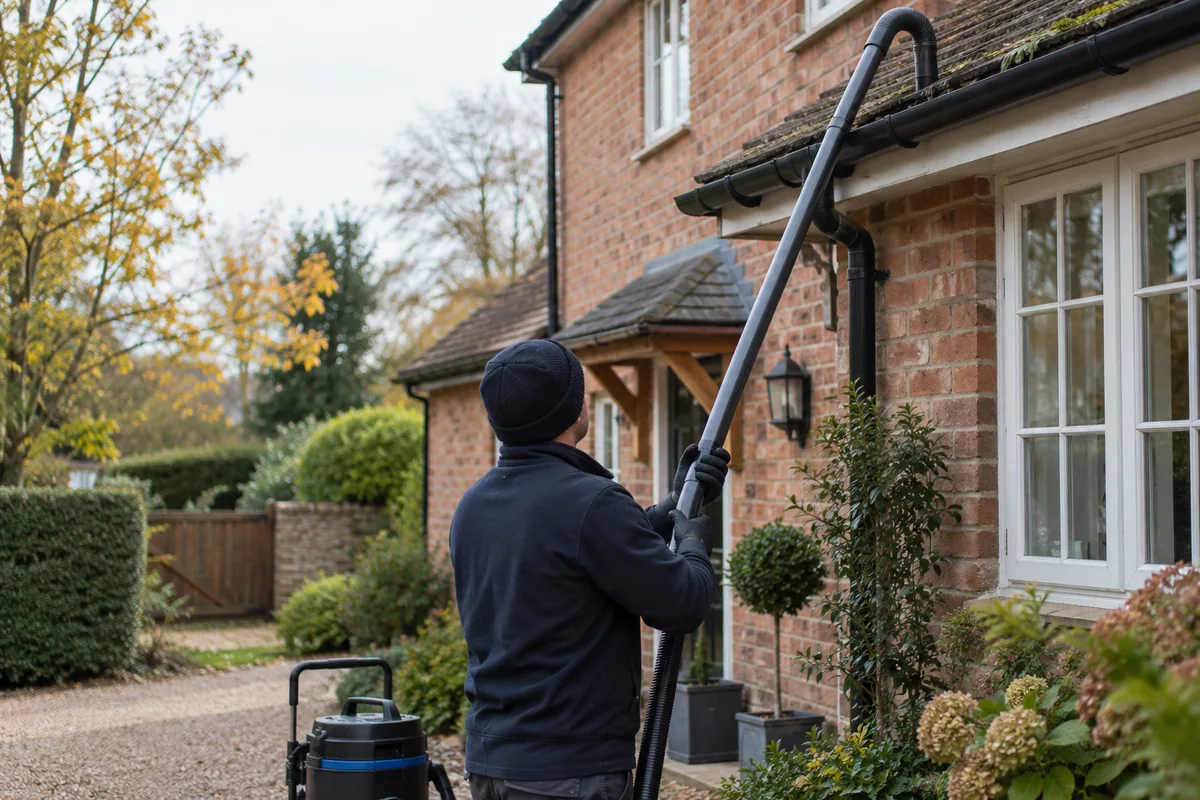 Unbranded gutter vacuum pole operated from ground beside a brick home, face not visible
