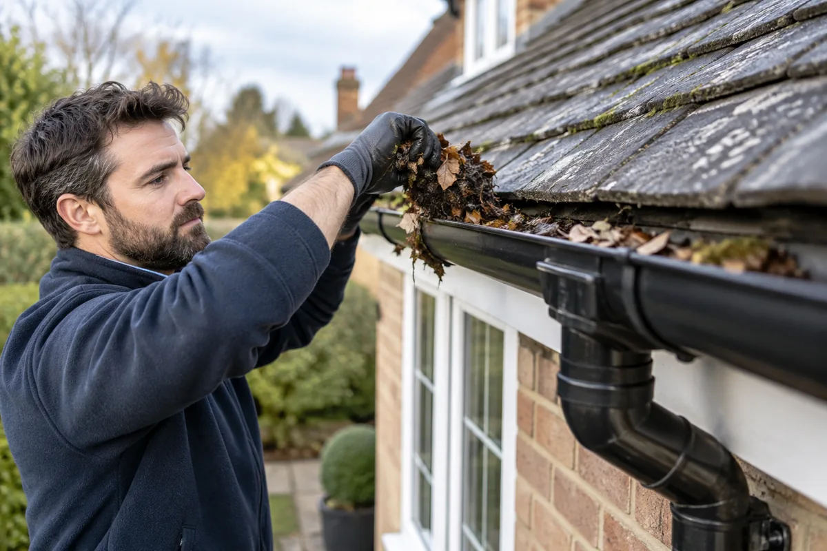 Clean accessible gutter channel and downpipe outlet, no ladder scene