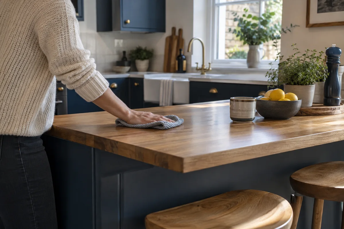 Compact guest kitchen with a hand wiping a breakfast counter, no platform logos