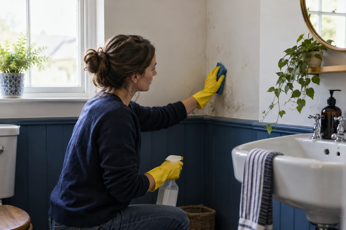 Daylight view of a small discoloured painted bathroom corner, no severe infestation