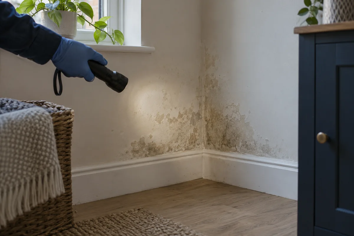 Cropped gloved hand holding a plain inspection light near mild wall moisture staining, no scraping