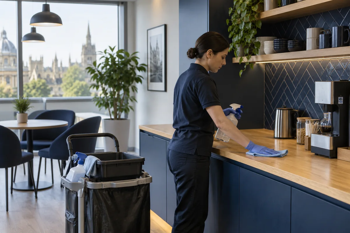 An office tea point with a clean oak counter