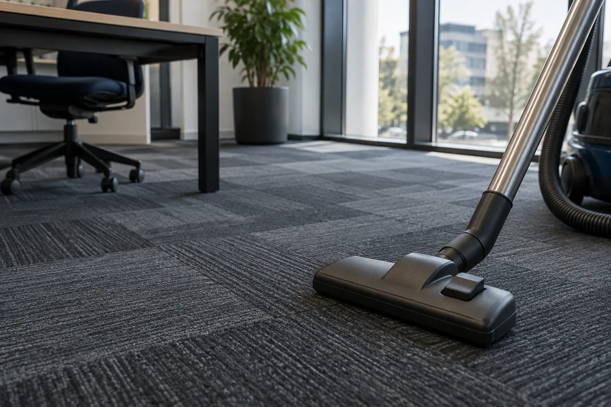 Vacuum nozzle beside charcoal office carpet tiles