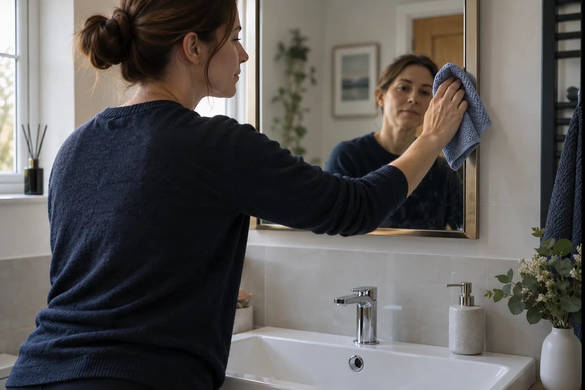 Cloth cleaning the edge of a bathroom mirror above a white basin