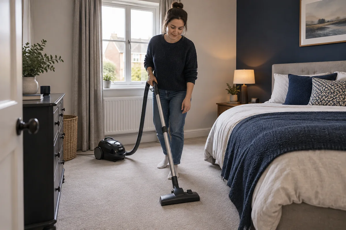 Small spare bedroom with vacuum beside a neatly made bed and open floor