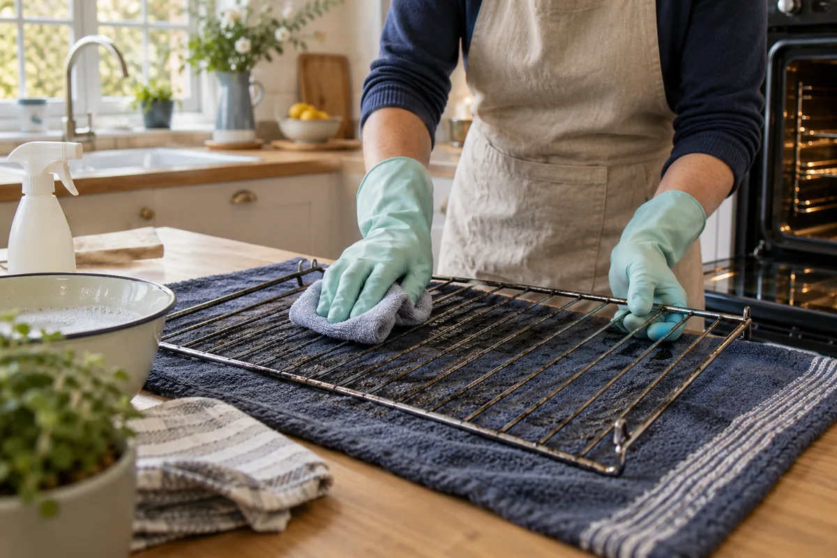 Gloved hands wiping an accessible oven rack on a protected worktop