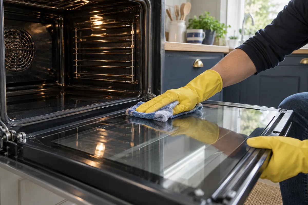 Close view of oven door glass and enamel cavity