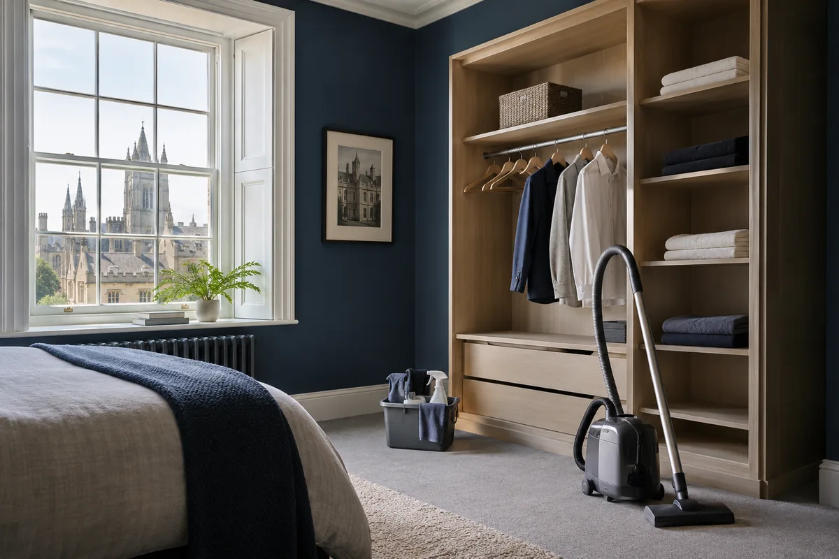 Open wardrobe shelves in a vacant bedroom