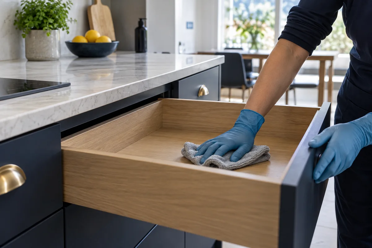 A gloved hand wiping an empty kitchen drawer