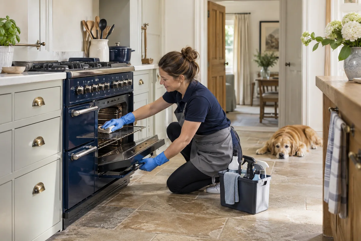 Wide navy range cooker in a pale kitchen with several doors