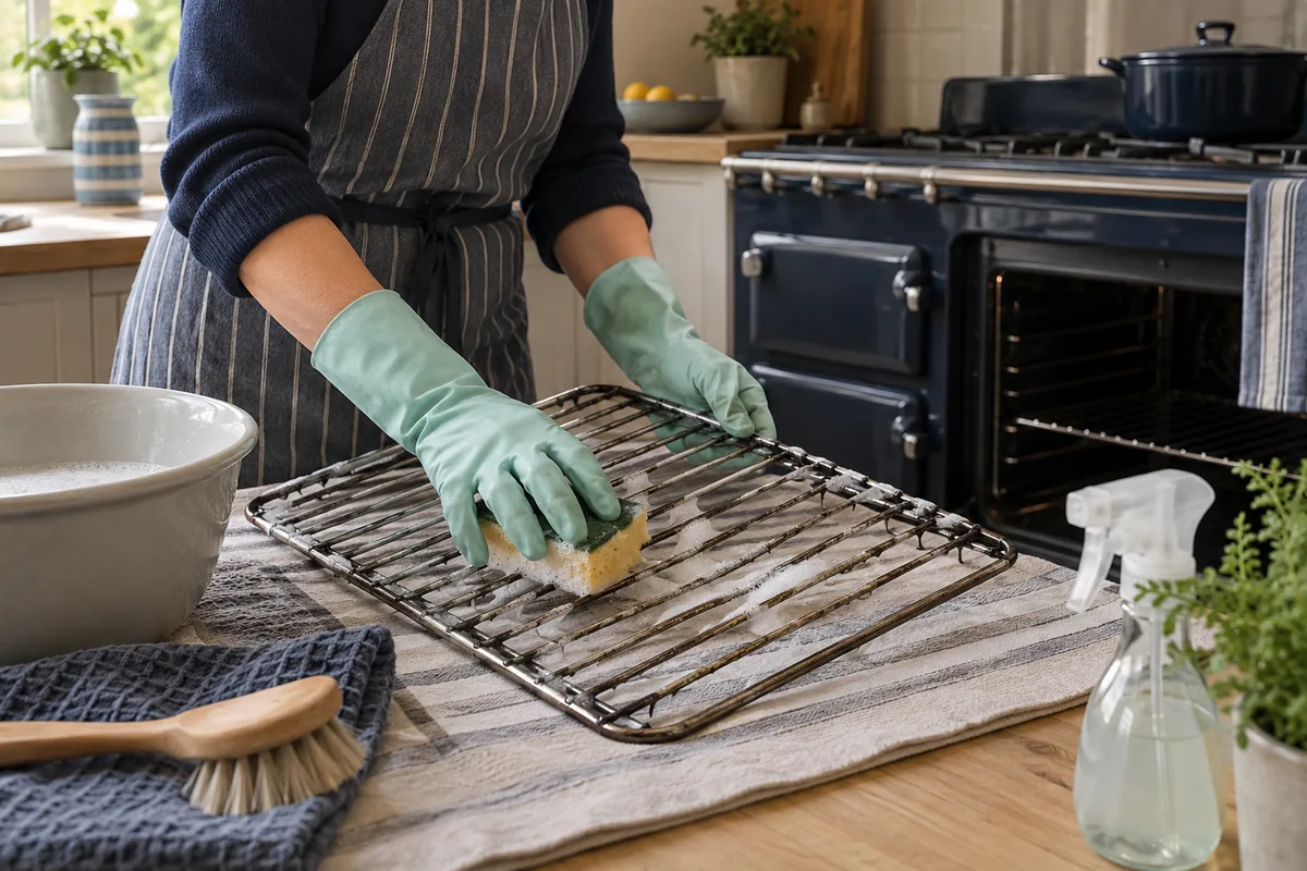 Gloved hands cleaning a range oven rack on a protected surface